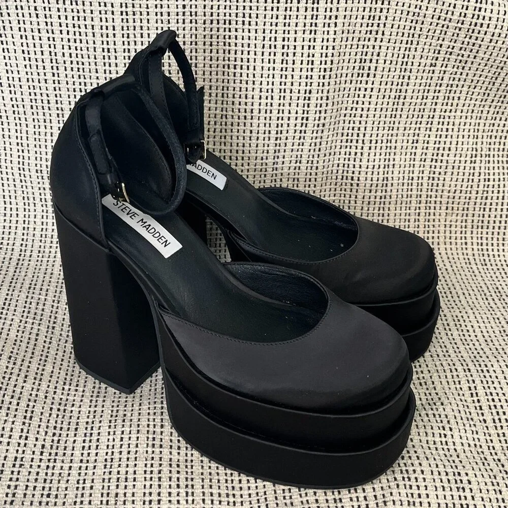 Steve Madden Black Satin Platform Block Heel Pumps